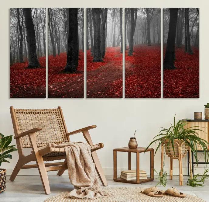 The "Forest and Autumn Wall Art Canvas Print" features a museum-quality multi-panel design and a UV-protective coating to maintain its vibrancy, creating a stunning focal point in the contemporary living room.