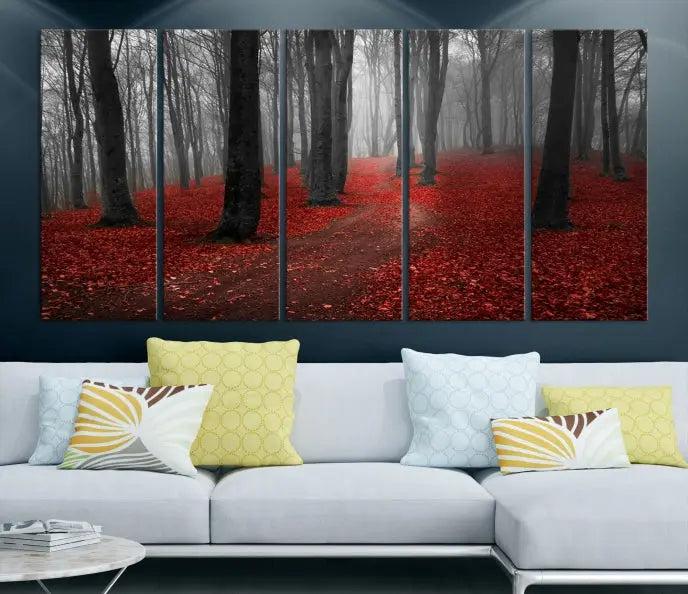 The "Forest and Autumn Wall Art Canvas Print" features a museum-quality multi-panel design and a UV-protective coating to maintain its vibrancy, creating a stunning focal point in the contemporary living room.