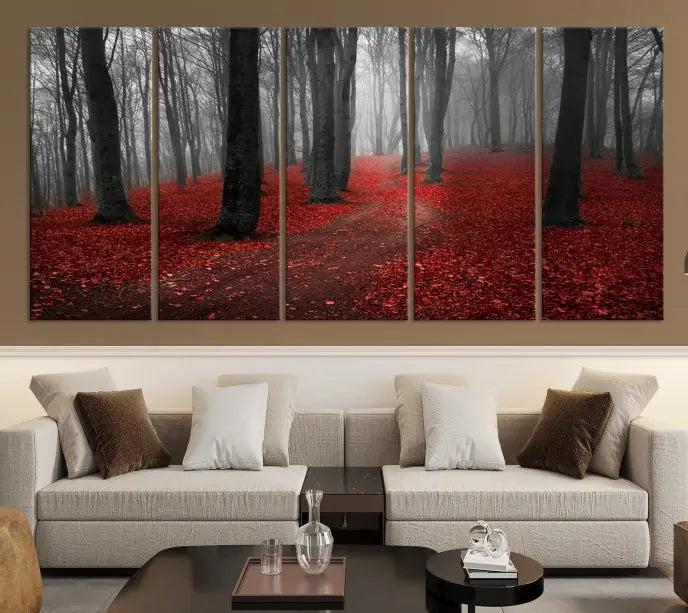 The "Forest and Autumn Wall Art Canvas Print" features a museum-quality multi-panel design and a UV-protective coating to maintain its vibrancy, creating a stunning focal point in the contemporary living room.