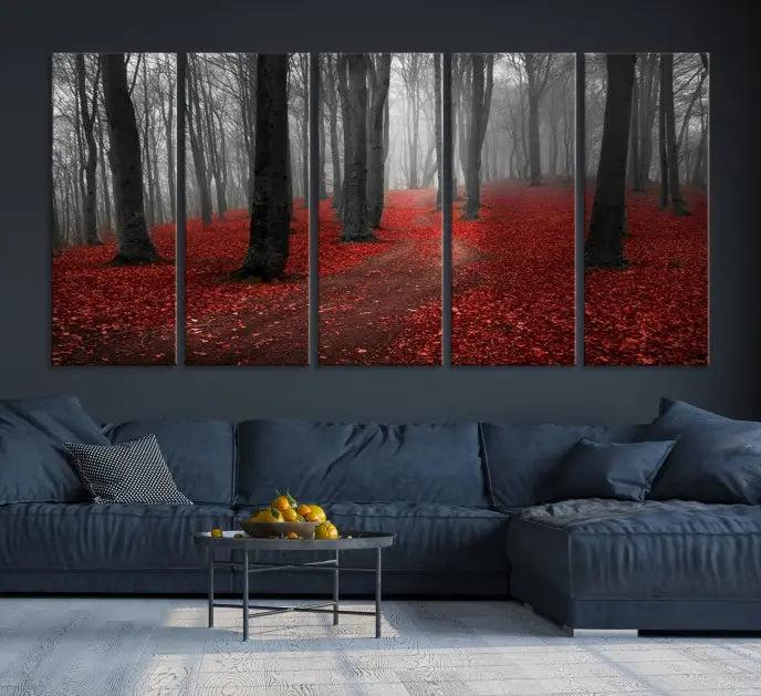 The "Forest and Autumn Wall Art Canvas Print" features a museum-quality multi-panel design and a UV-protective coating to maintain its vibrancy, creating a stunning focal point in the contemporary living room.