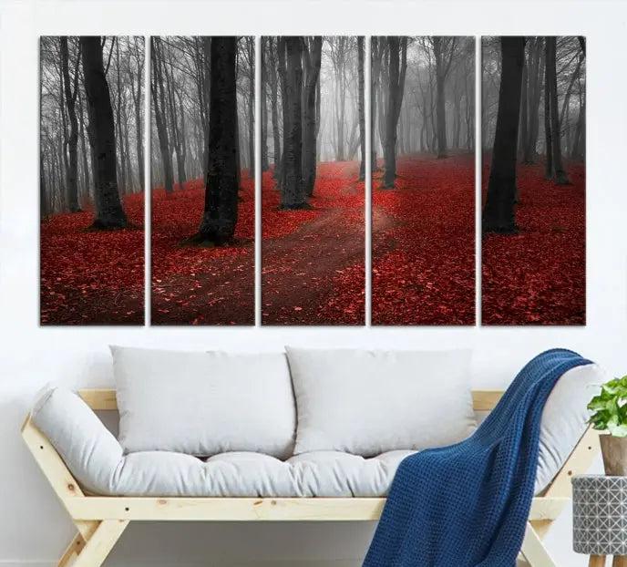 The "Forest and Autumn Wall Art Canvas Print" features a museum-quality multi-panel design and a UV-protective coating to maintain its vibrancy, creating a stunning focal point in the contemporary living room.