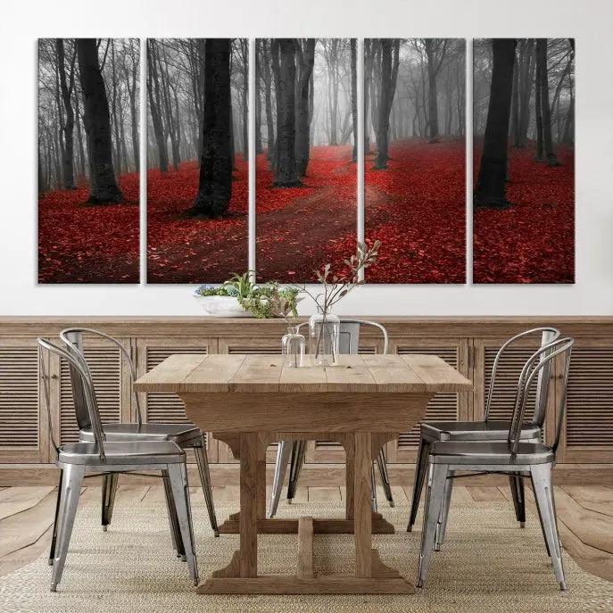 The "Forest and Autumn Wall Art Canvas Print" features a museum-quality multi-panel design and a UV-protective coating to maintain its vibrancy, creating a stunning focal point in the contemporary living room.