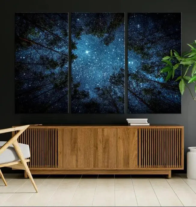 The wall showcases the "Forest and Stars" Wall Art Canvas Print on museum-quality canvas with a UV-protective coating, adding an artistic touch to the space.