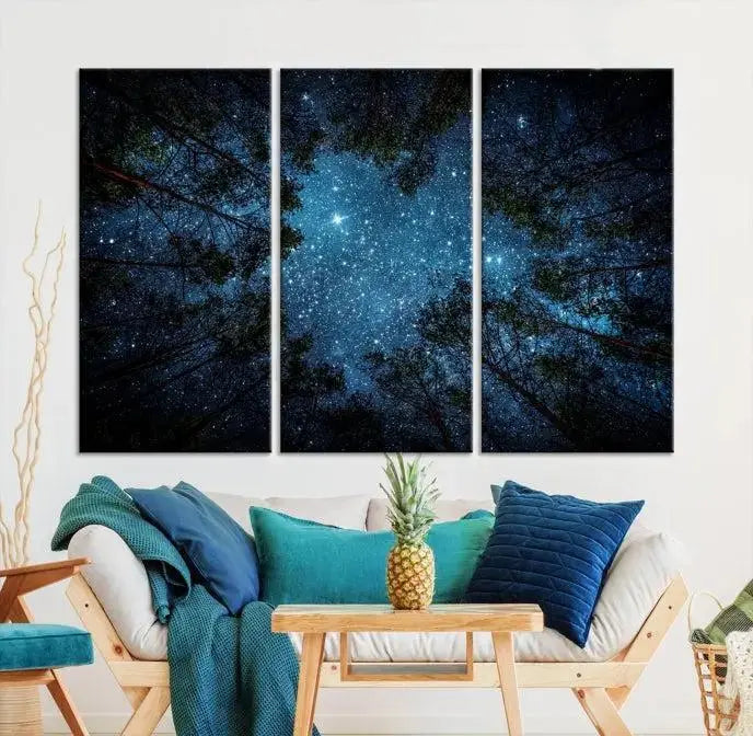 The wall showcases the "Forest and Stars" Wall Art Canvas Print on museum-quality canvas with a UV-protective coating, adding an artistic touch to the space.