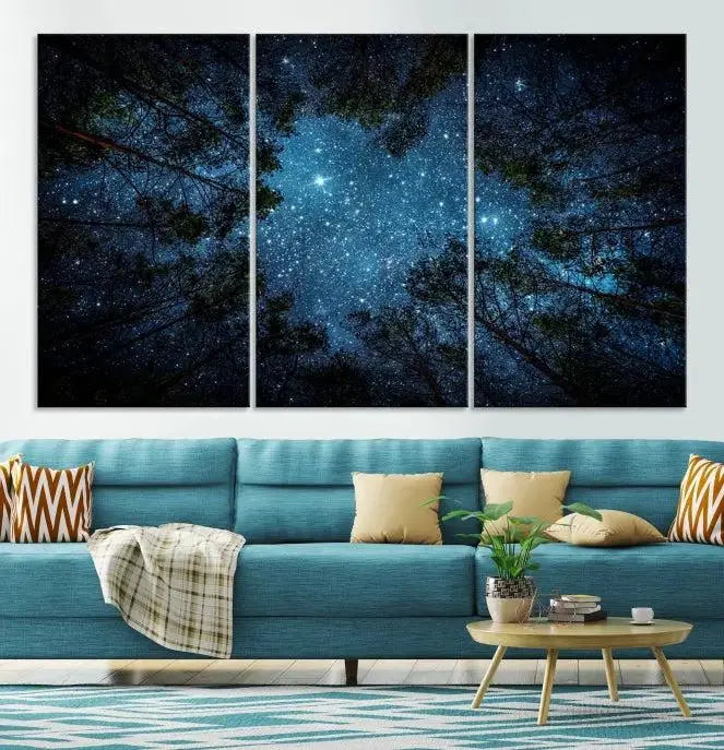 The wall showcases the "Forest and Stars" Wall Art Canvas Print on museum-quality canvas with a UV-protective coating, adding an artistic touch to the space.