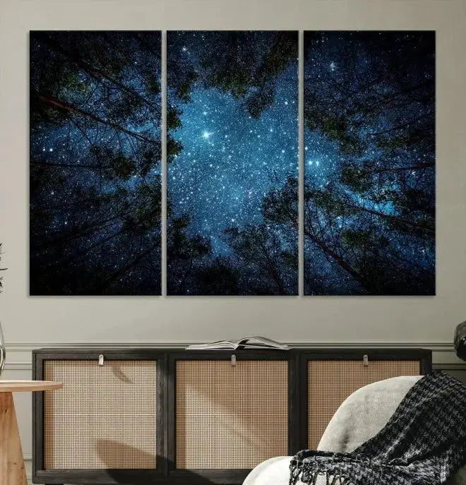 The wall showcases the "Forest and Stars" Wall Art Canvas Print on museum-quality canvas with a UV-protective coating, adding an artistic touch to the space.