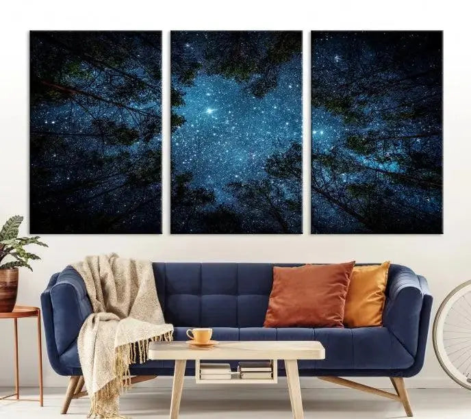 The wall showcases the "Forest and Stars" Wall Art Canvas Print on museum-quality canvas with a UV-protective coating, adding an artistic touch to the space.