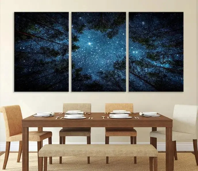 The wall showcases the "Forest and Stars" Wall Art Canvas Print on museum-quality canvas with a UV-protective coating, adding an artistic touch to the space.