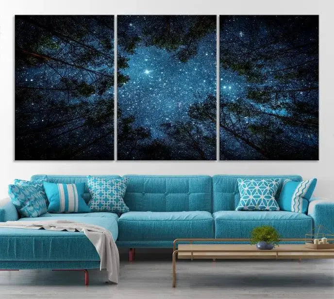 The wall showcases the "Forest and Stars" Wall Art Canvas Print on museum-quality canvas with a UV-protective coating, adding an artistic touch to the space.