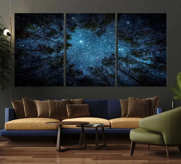 The wall showcases the "Forest and Stars" Wall Art Canvas Print on museum-quality canvas with a UV-protective coating, adding an artistic touch to the space.