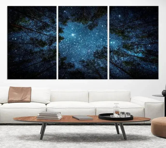 The wall showcases the "Forest and Stars" Wall Art Canvas Print on museum-quality canvas with a UV-protective coating, adding an artistic touch to the space.