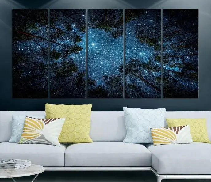 The wall showcases the "Forest and Stars" Wall Art Canvas Print on museum-quality canvas with a UV-protective coating, adding an artistic touch to the space.