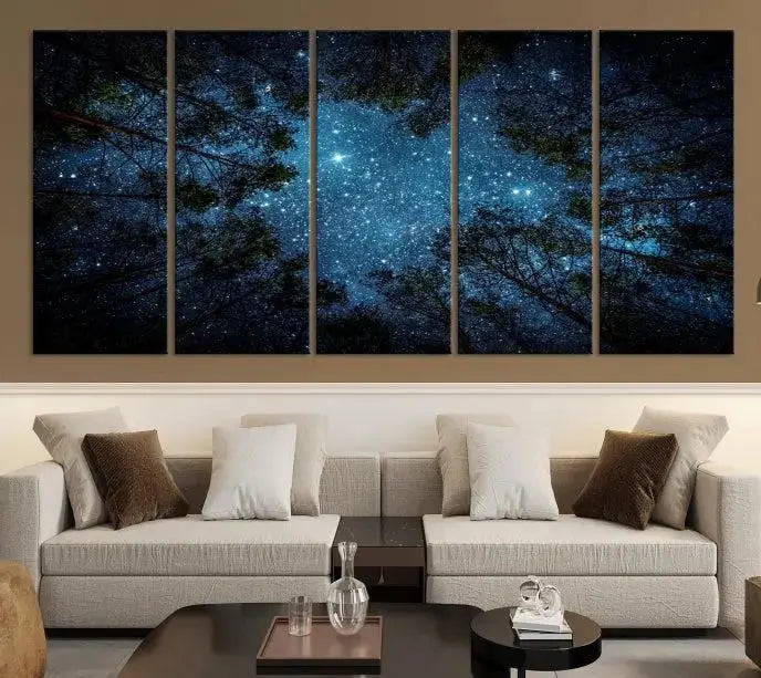 The wall showcases the "Forest and Stars" Wall Art Canvas Print on museum-quality canvas with a UV-protective coating, adding an artistic touch to the space.