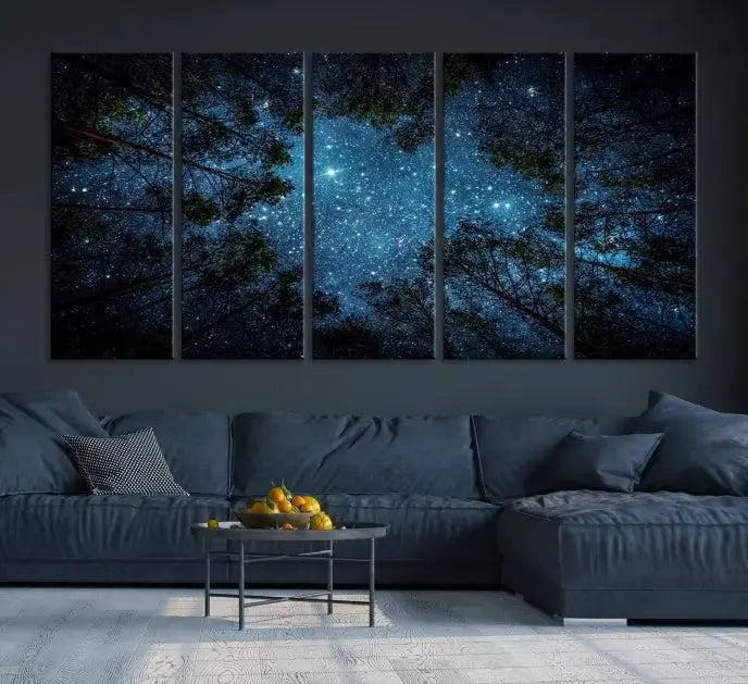 The wall showcases the "Forest and Stars" Wall Art Canvas Print on museum-quality canvas with a UV-protective coating, adding an artistic touch to the space.