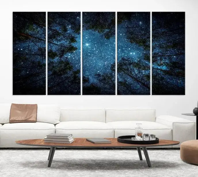 The wall showcases the "Forest and Stars" Wall Art Canvas Print on museum-quality canvas with a UV-protective coating, adding an artistic touch to the space.