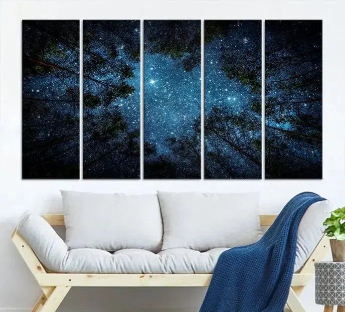 The wall showcases the "Forest and Stars" Wall Art Canvas Print on museum-quality canvas with a UV-protective coating, adding an artistic touch to the space.