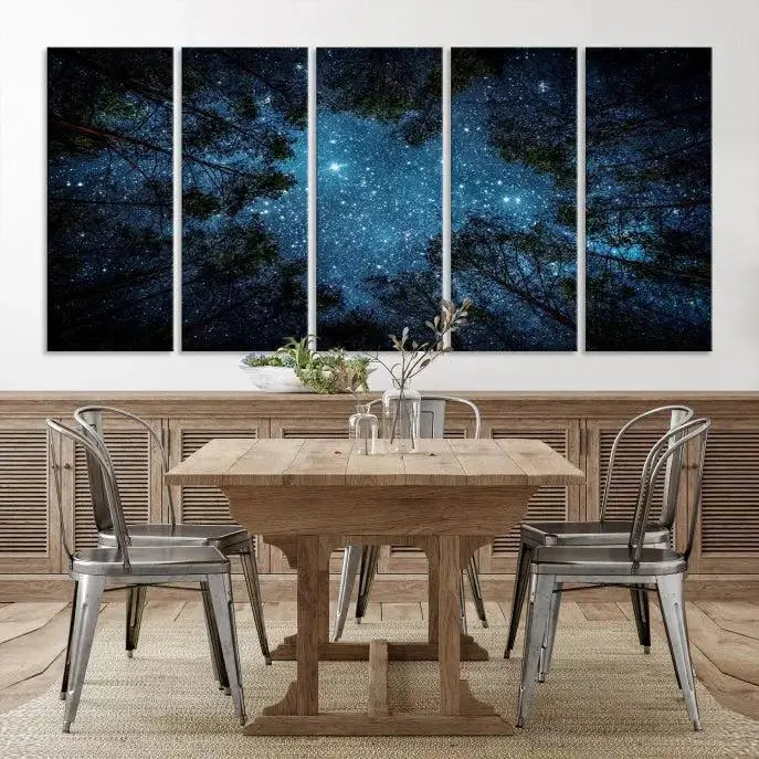 The wall showcases the "Forest and Stars" Wall Art Canvas Print on museum-quality canvas with a UV-protective coating, adding an artistic touch to the space.