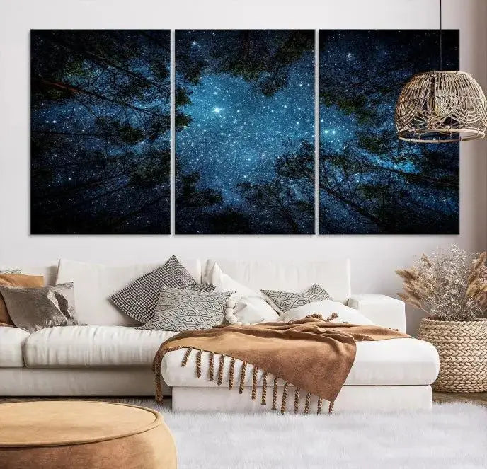 The wall showcases the "Forest and Stars" Wall Art Canvas Print on museum-quality canvas with a UV-protective coating, adding an artistic touch to the space.