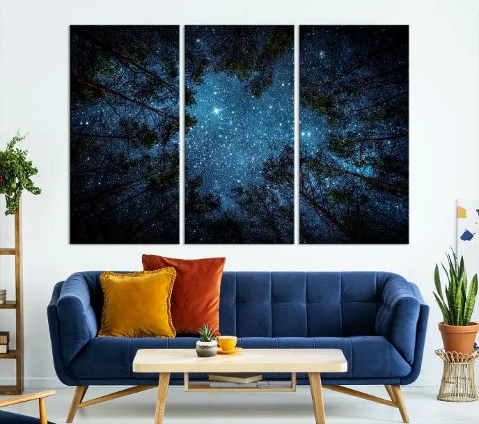 The wall showcases the "Forest and Stars" Wall Art Canvas Print on museum-quality canvas with a UV-protective coating, adding an artistic touch to the space.