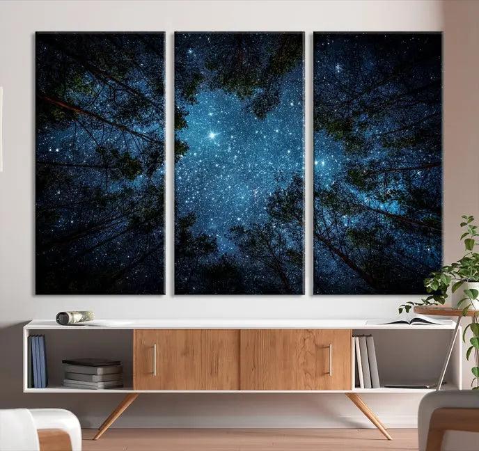 The wall showcases the "Forest and Stars" Wall Art Canvas Print on museum-quality canvas with a UV-protective coating, adding an artistic touch to the space.