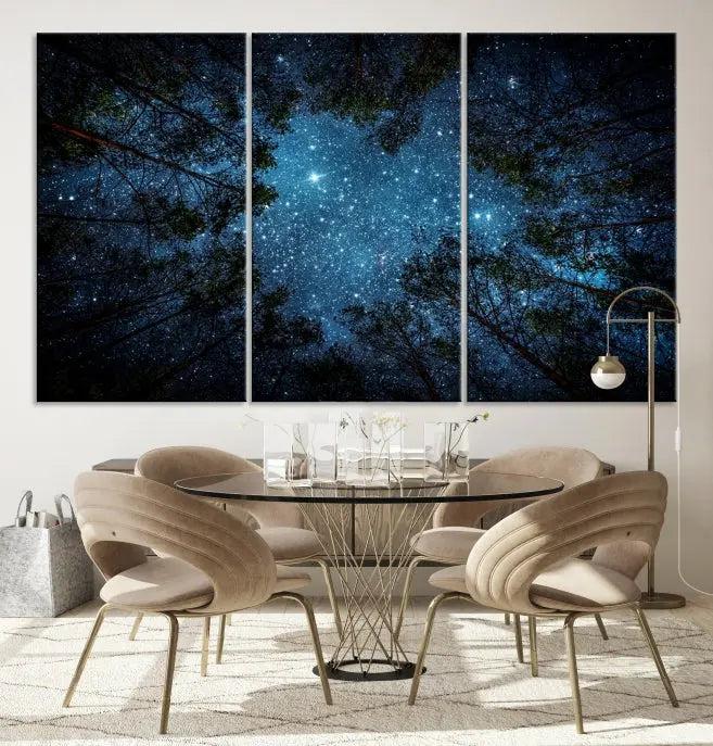 The wall showcases the "Forest and Stars" Wall Art Canvas Print on museum-quality canvas with a UV-protective coating, adding an artistic touch to the space.