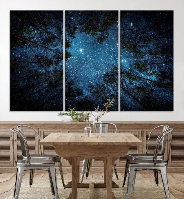 The wall showcases the "Forest and Stars" Wall Art Canvas Print on museum-quality canvas with a UV-protective coating, adding an artistic touch to the space.