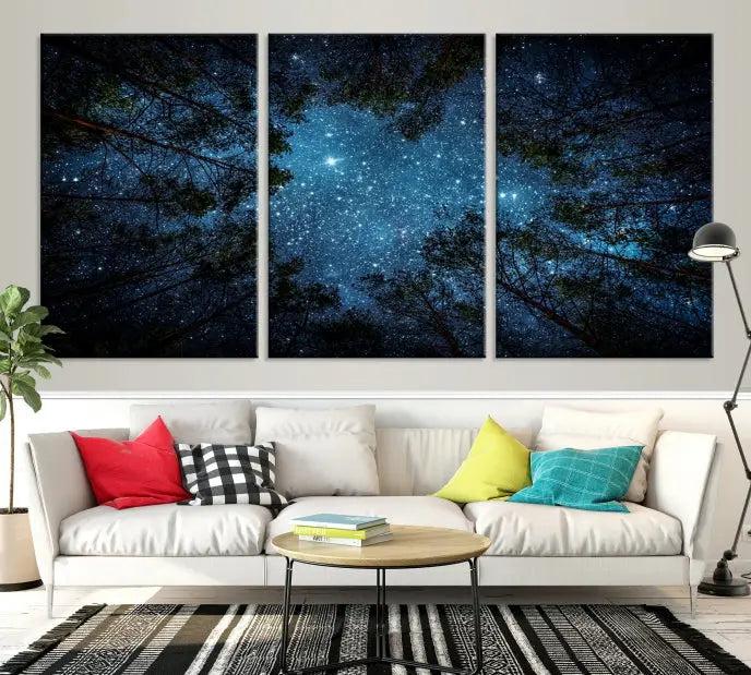 The wall showcases the "Forest and Stars" Wall Art Canvas Print on museum-quality canvas with a UV-protective coating, adding an artistic touch to the space.