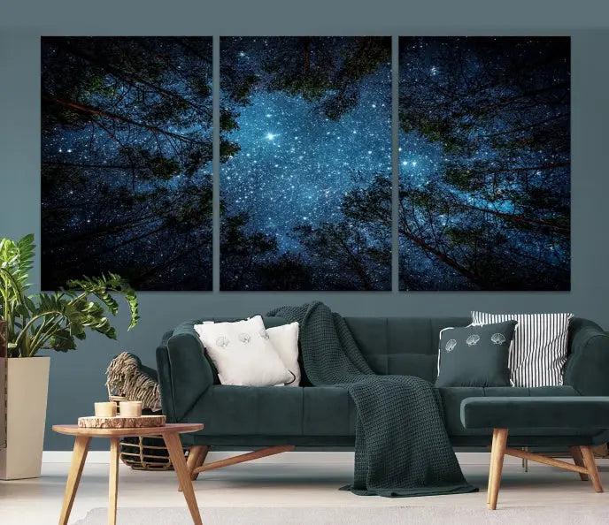 The wall showcases the "Forest and Stars" Wall Art Canvas Print on museum-quality canvas with a UV-protective coating, adding an artistic touch to the space.