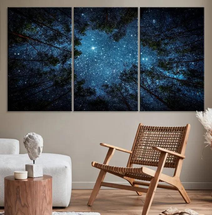 The wall showcases the "Forest and Stars" Wall Art Canvas Print on museum-quality canvas with a UV-protective coating, adding an artistic touch to the space.