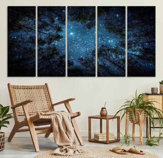 The wall showcases the "Forest and Stars" Wall Art Canvas Print on museum-quality canvas with a UV-protective coating, adding an artistic touch to the space.