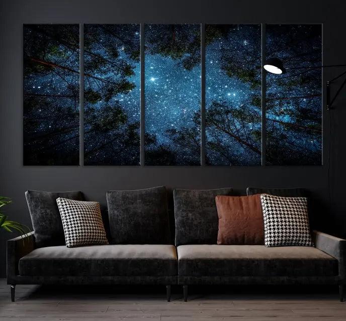 The wall showcases the "Forest and Stars" Wall Art Canvas Print on museum-quality canvas with a UV-protective coating, adding an artistic touch to the space.