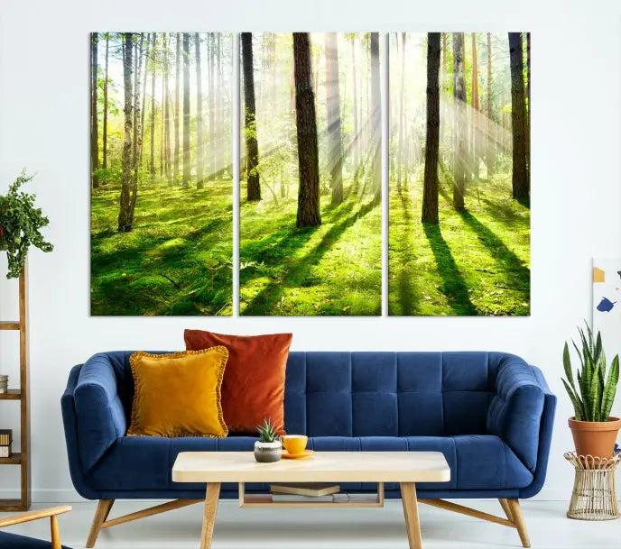 Hanging above the sofa is the "Forest and Sunshine Wall Art Canvas Print," a triptych showcasing a sunlit forest scene on museum-quality canvas.