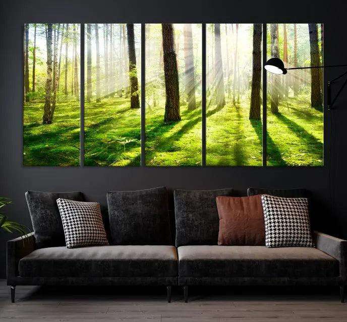 Hanging above the sofa is the "Forest and Sunshine Wall Art Canvas Print," a triptych showcasing a sunlit forest scene on museum-quality canvas.