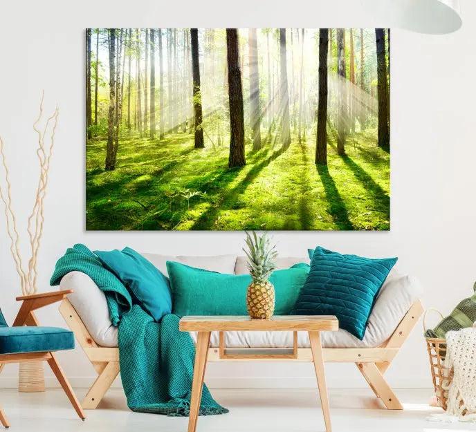 Hanging above the sofa is the "Forest and Sunshine Wall Art Canvas Print," a triptych showcasing a sunlit forest scene on museum-quality canvas.