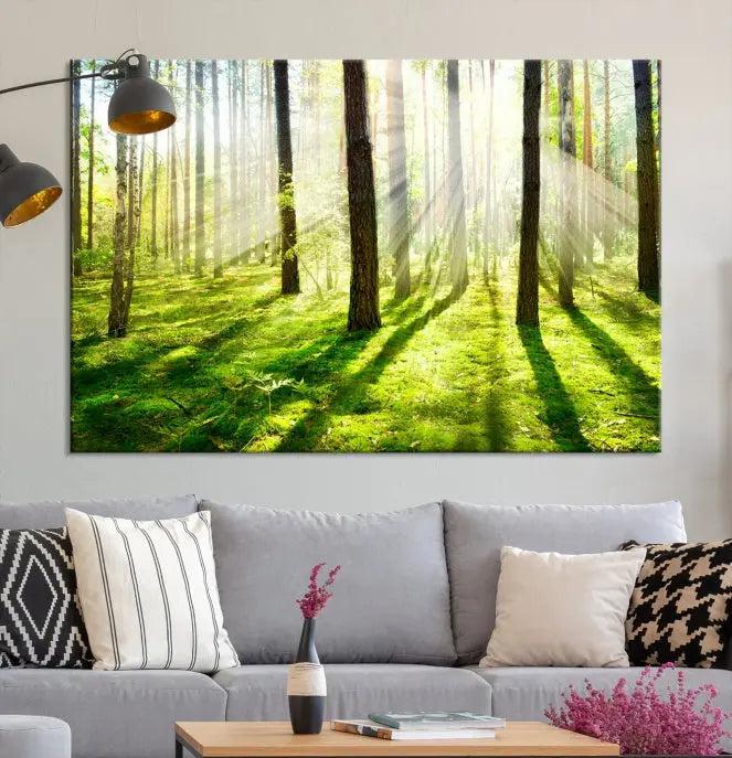 Hanging above the sofa is the "Forest and Sunshine Wall Art Canvas Print," a triptych showcasing a sunlit forest scene on museum-quality canvas.