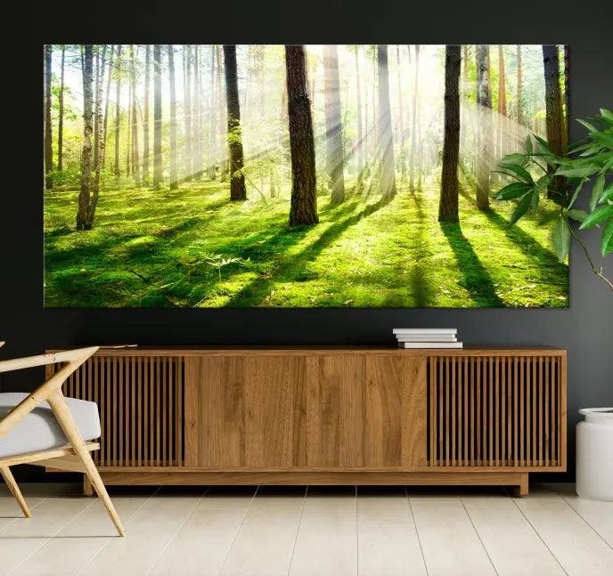 Hanging above the sofa is the "Forest and Sunshine Wall Art Canvas Print," a triptych showcasing a sunlit forest scene on museum-quality canvas.