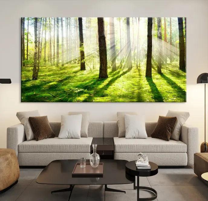 Hanging above the sofa is the "Forest and Sunshine Wall Art Canvas Print," a triptych showcasing a sunlit forest scene on museum-quality canvas.