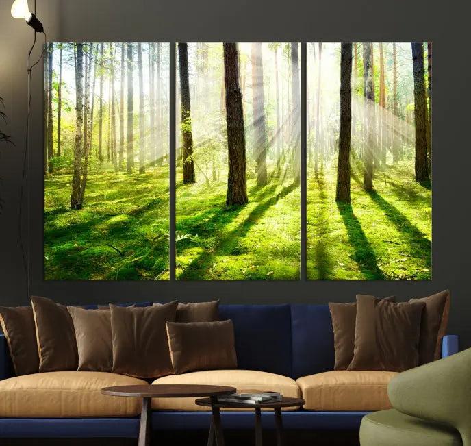 Hanging above the sofa is the "Forest and Sunshine Wall Art Canvas Print," a triptych showcasing a sunlit forest scene on museum-quality canvas.