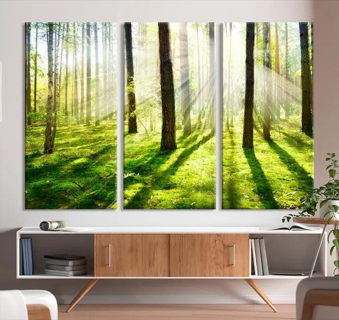 Hanging above the sofa is the "Forest and Sunshine Wall Art Canvas Print," a triptych showcasing a sunlit forest scene on museum-quality canvas.