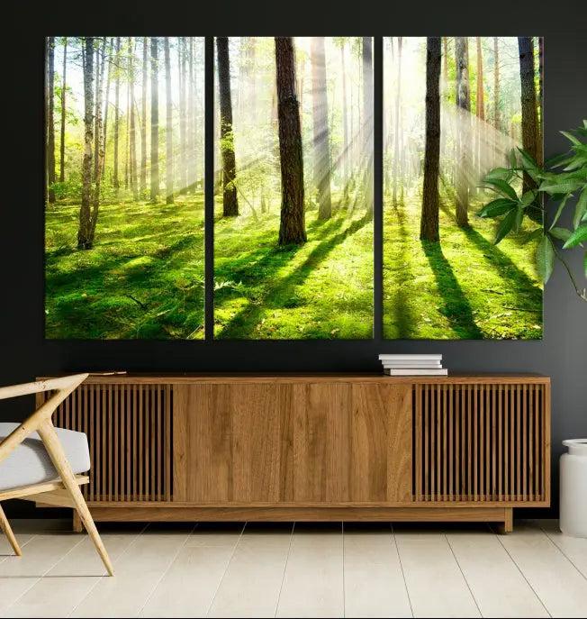 Hanging above the sofa is the "Forest and Sunshine Wall Art Canvas Print," a triptych showcasing a sunlit forest scene on museum-quality canvas.