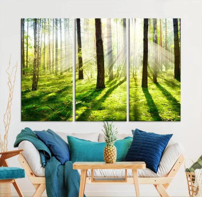 Hanging above the sofa is the "Forest and Sunshine Wall Art Canvas Print," a triptych showcasing a sunlit forest scene on museum-quality canvas.