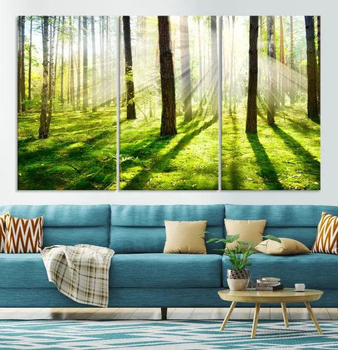 Hanging above the sofa is the "Forest and Sunshine Wall Art Canvas Print," a triptych showcasing a sunlit forest scene on museum-quality canvas.