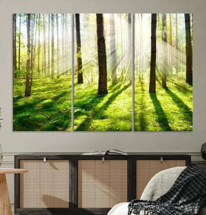 Hanging above the sofa is the "Forest and Sunshine Wall Art Canvas Print," a triptych showcasing a sunlit forest scene on museum-quality canvas.