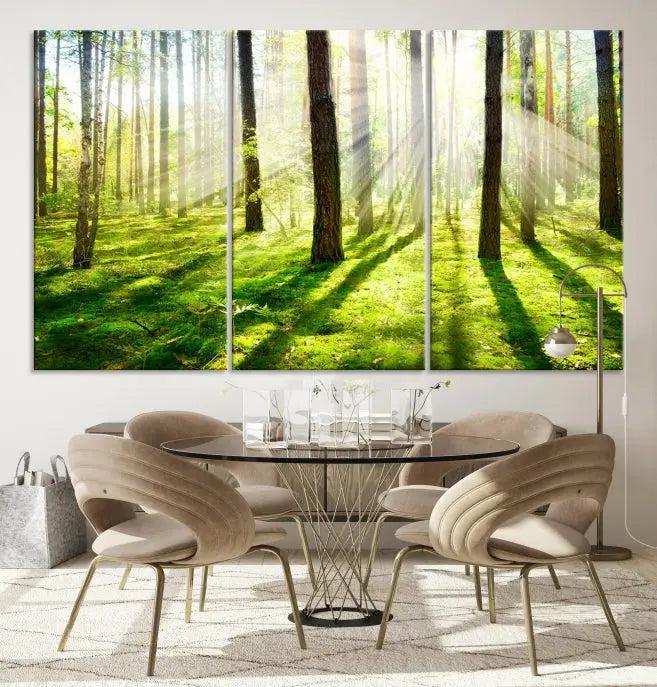 Hanging above the sofa is the "Forest and Sunshine Wall Art Canvas Print," a triptych showcasing a sunlit forest scene on museum-quality canvas.