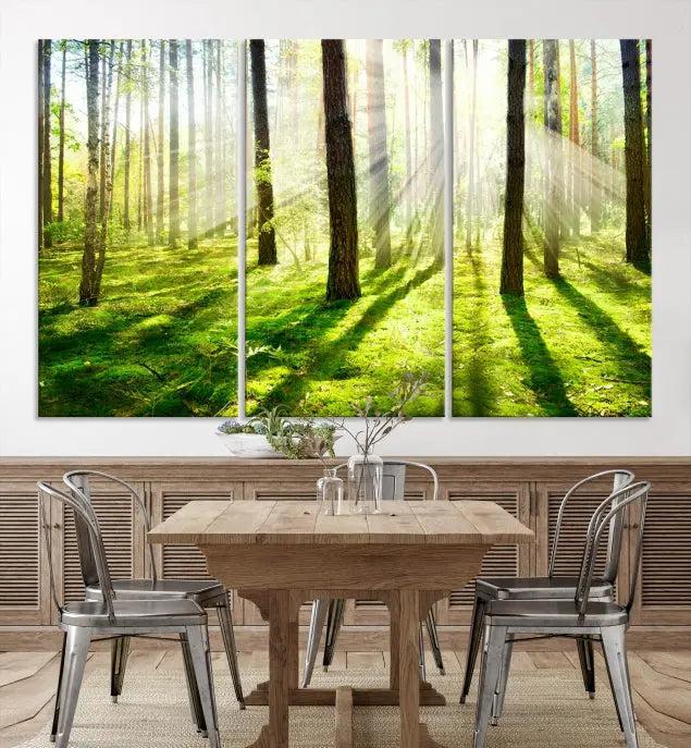 Hanging above the sofa is the "Forest and Sunshine Wall Art Canvas Print," a triptych showcasing a sunlit forest scene on museum-quality canvas.