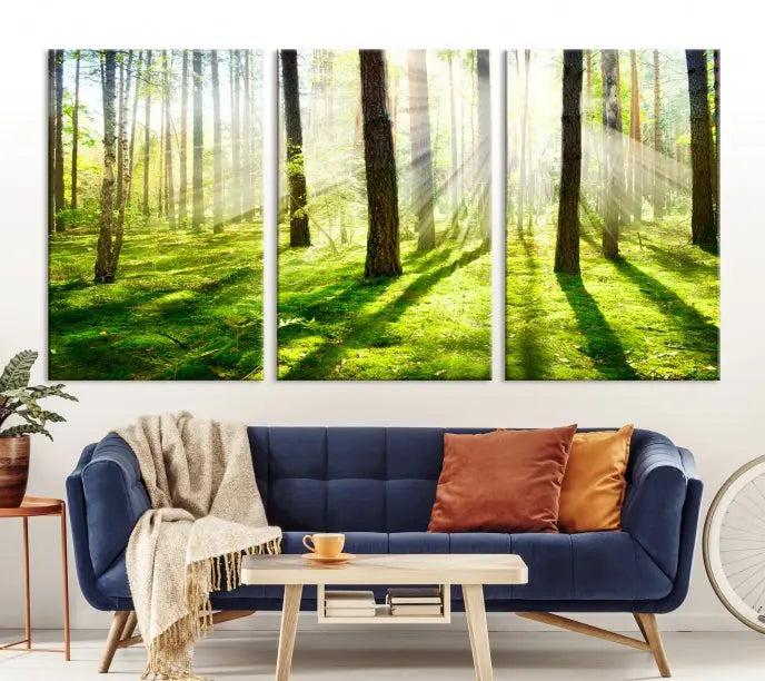 Hanging above the sofa is the "Forest and Sunshine Wall Art Canvas Print," a triptych showcasing a sunlit forest scene on museum-quality canvas.