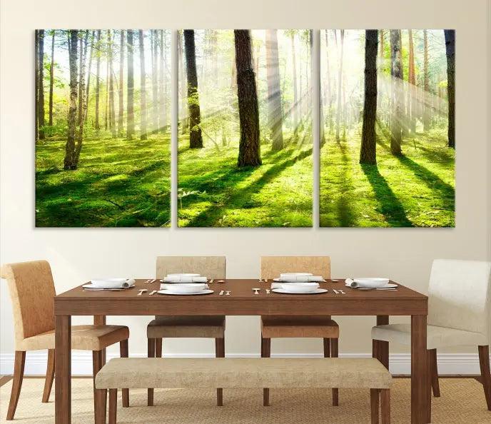 Hanging above the sofa is the "Forest and Sunshine Wall Art Canvas Print," a triptych showcasing a sunlit forest scene on museum-quality canvas.