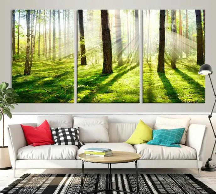 Hanging above the sofa is the "Forest and Sunshine Wall Art Canvas Print," a triptych showcasing a sunlit forest scene on museum-quality canvas.