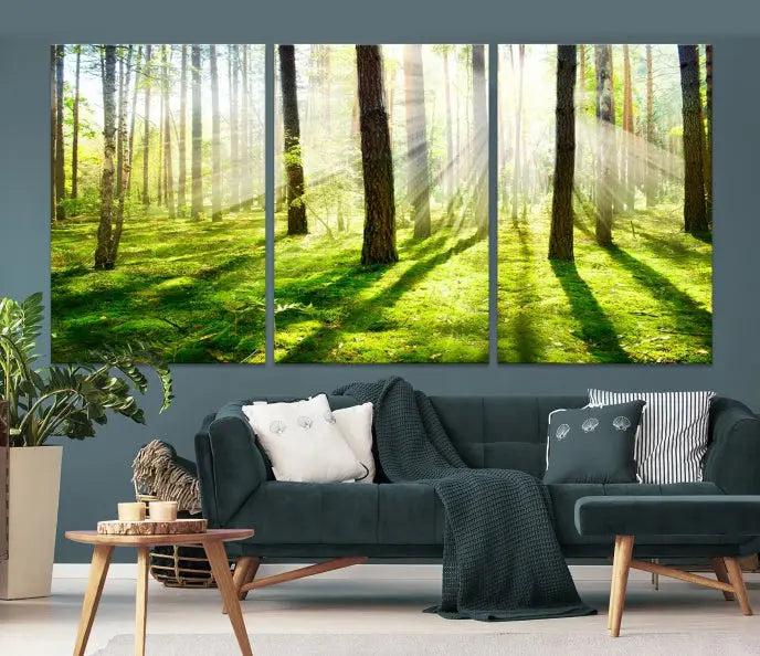 Hanging above the sofa is the "Forest and Sunshine Wall Art Canvas Print," a triptych showcasing a sunlit forest scene on museum-quality canvas.