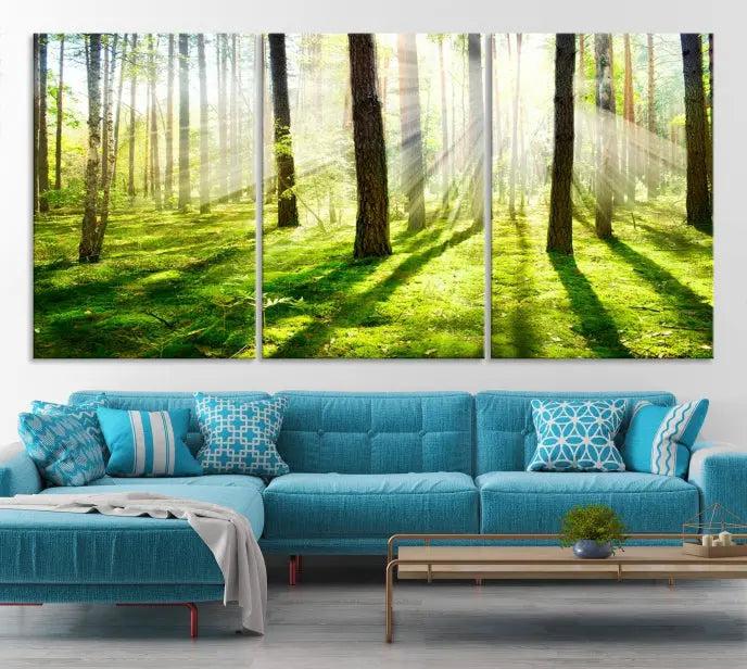 Hanging above the sofa is the "Forest and Sunshine Wall Art Canvas Print," a triptych showcasing a sunlit forest scene on museum-quality canvas.